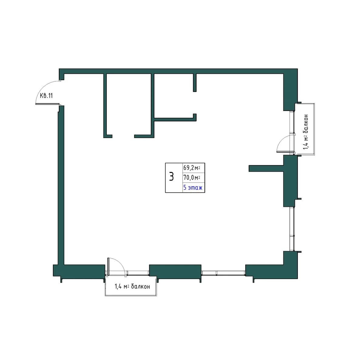 3 комн., 70.0 м²