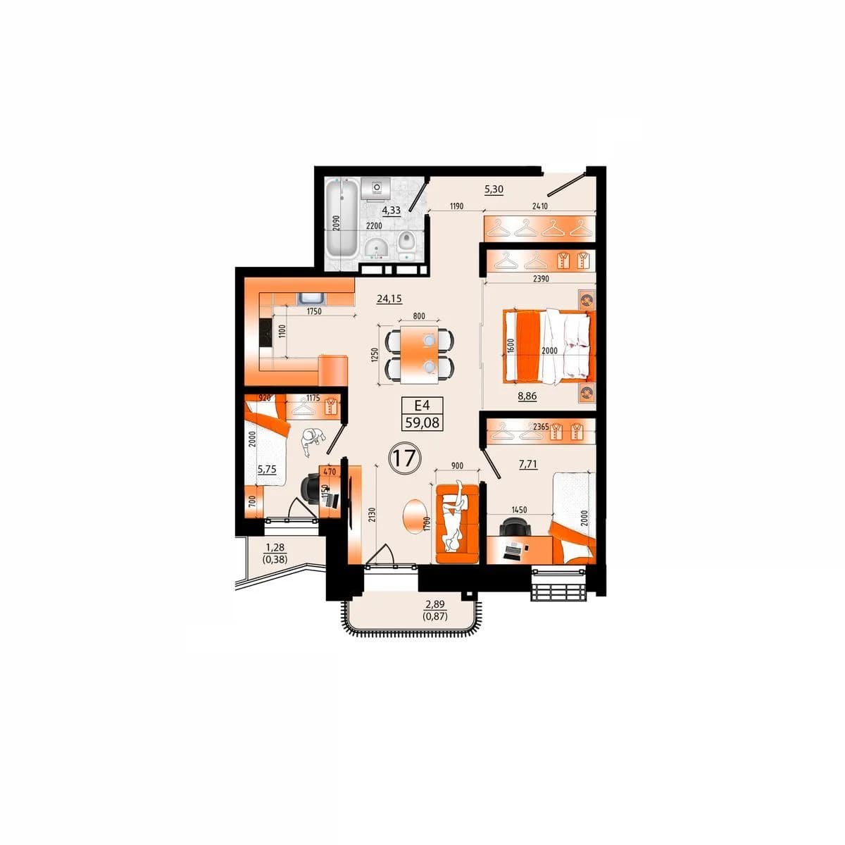 3 комн., 59.1 м²