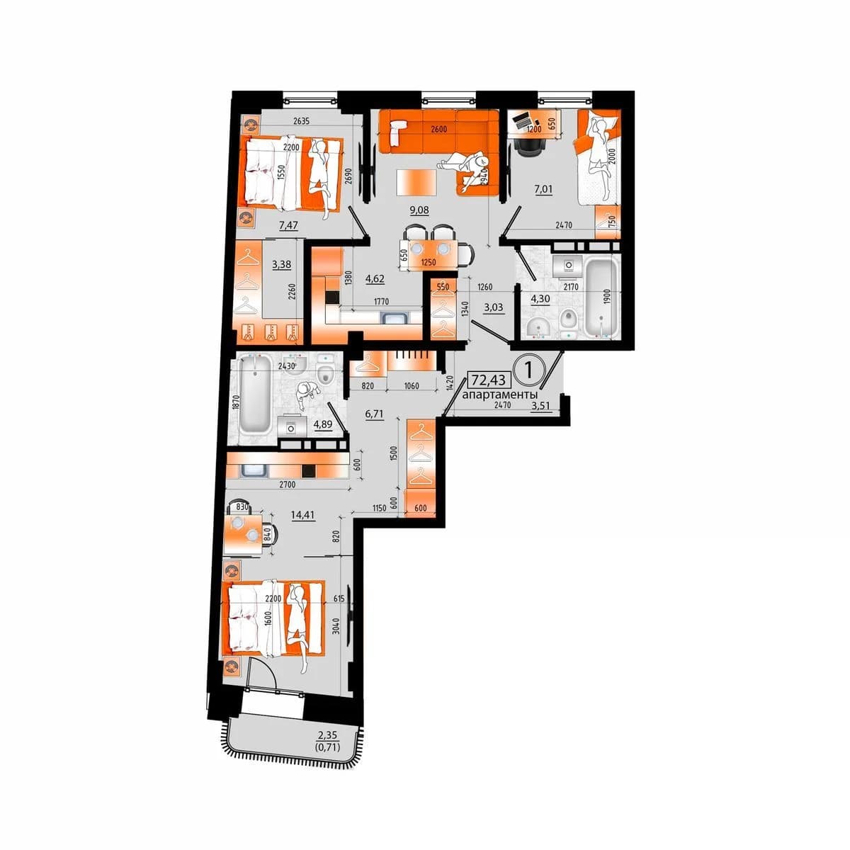 4 комн., 72.4 м²