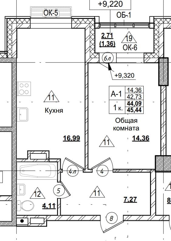 1 комн., 44.1 м²