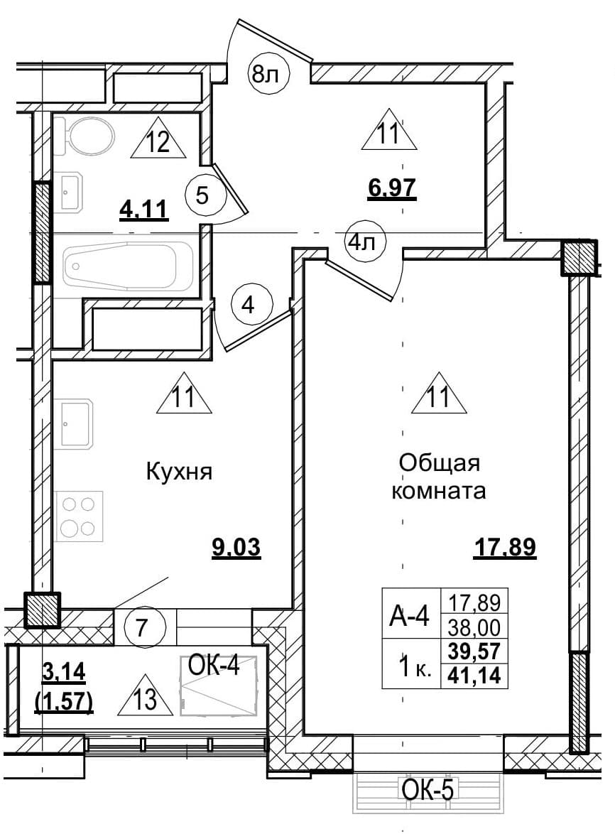 1 комн., 39.6 м²