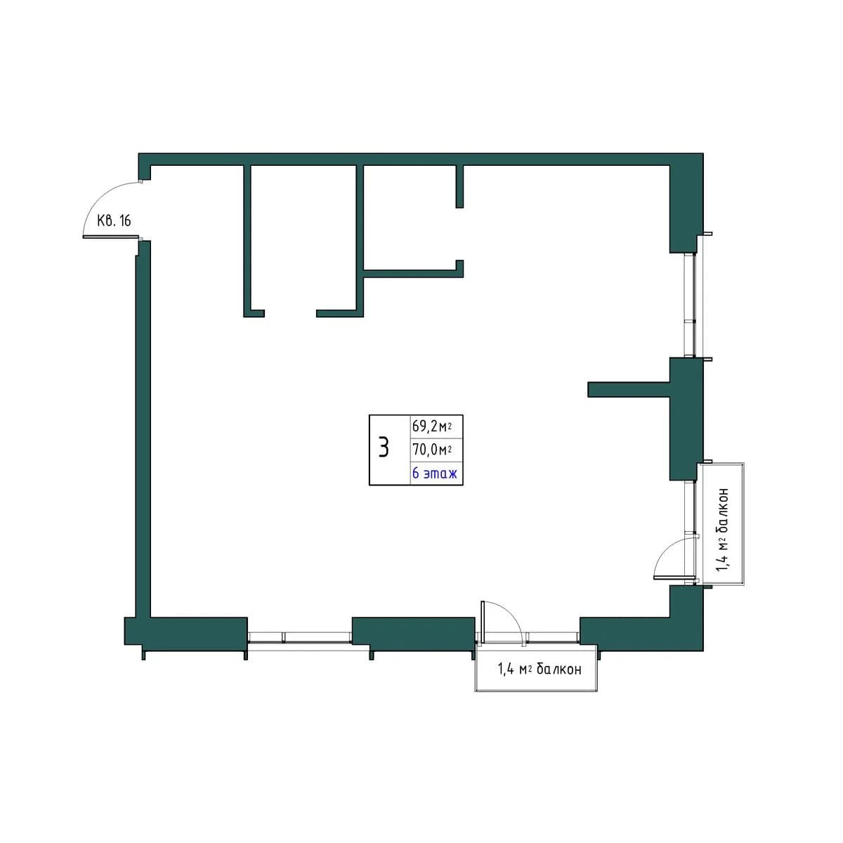 3 комн., 70.0 м²