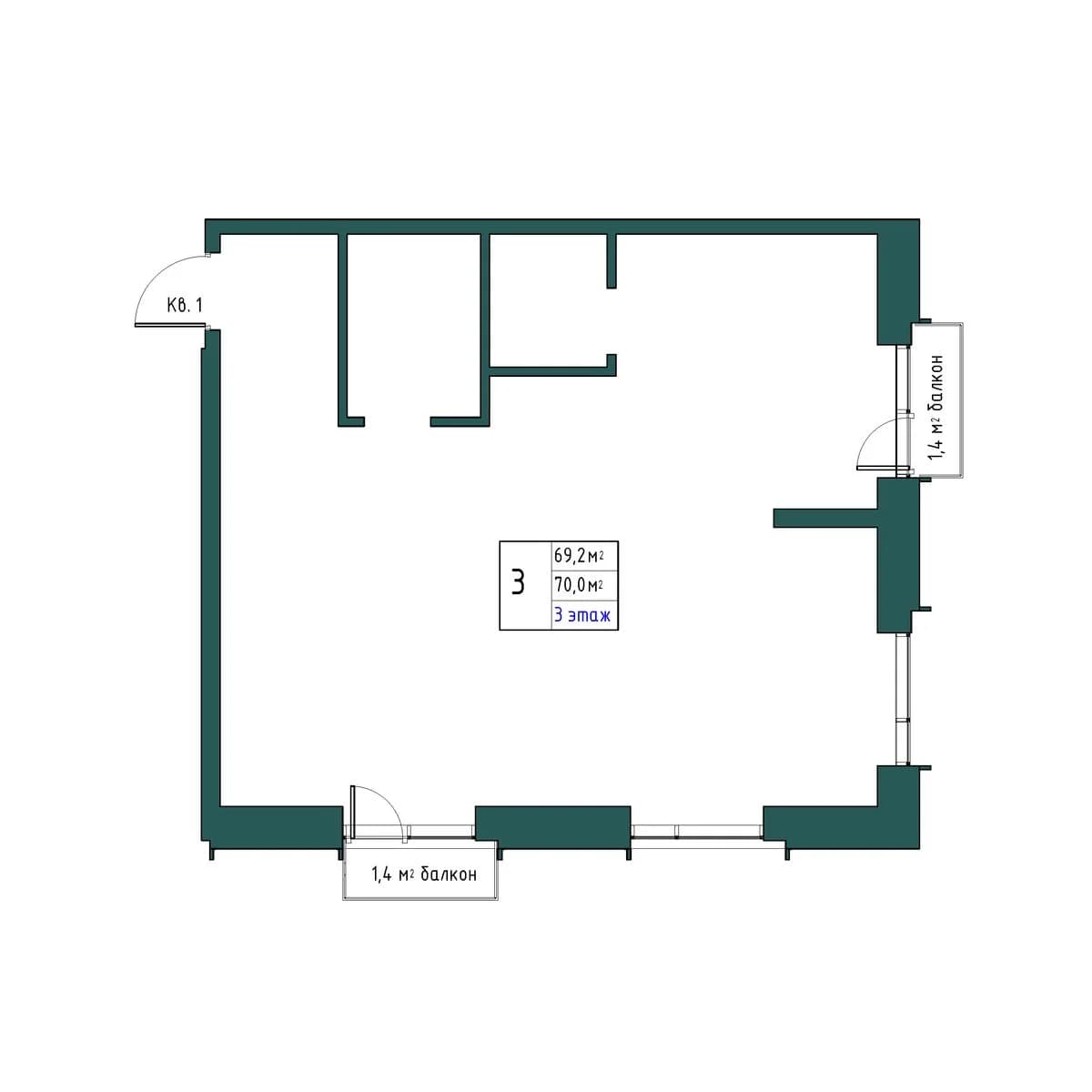3 комн., 70.0 м²