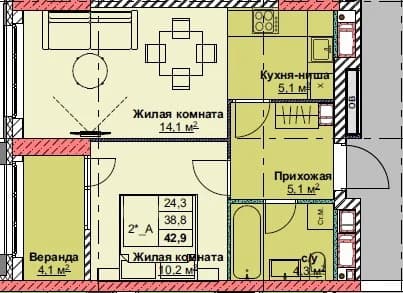 2 комн., 42.9 м²