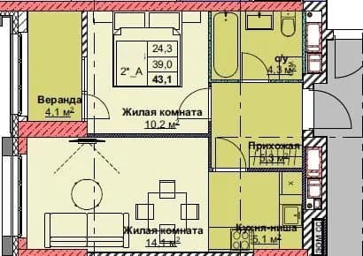 2 комн., 43.1 м²