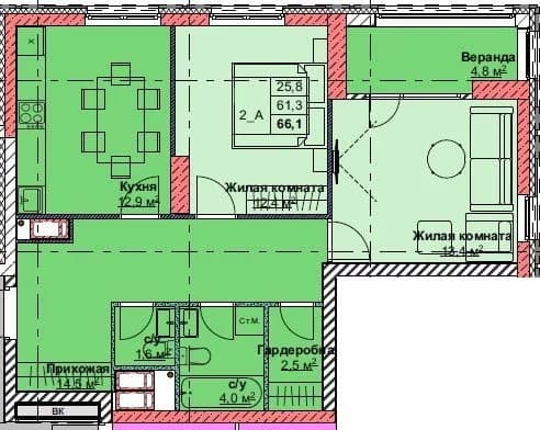 2 комн., 66.1 м²