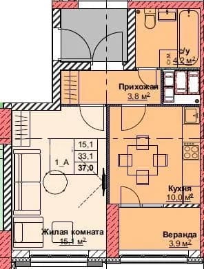 1 комн., 37.0 м²