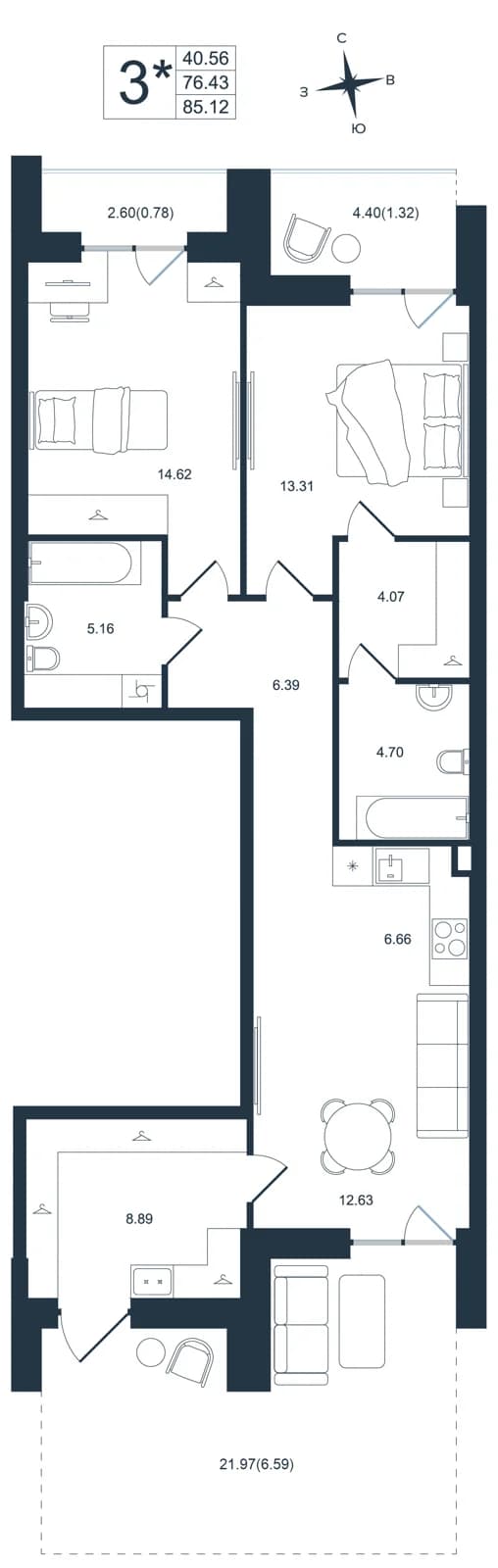 3 комн., 85.1 м²