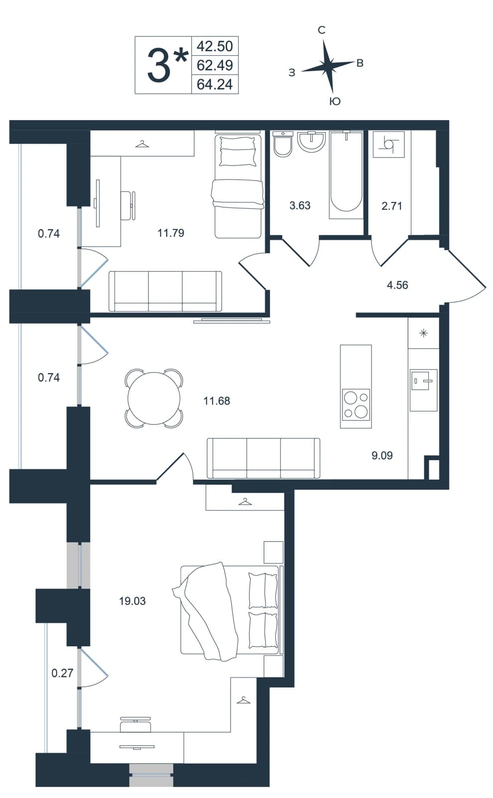 3 комн., 64.2 м²