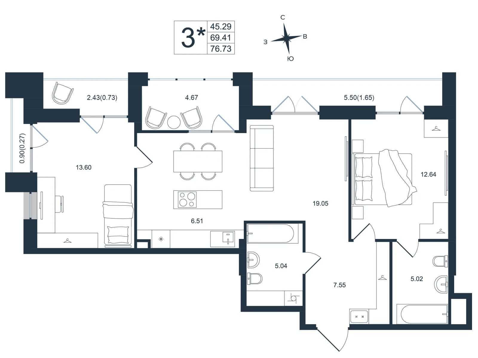 3 комн., 76.7 м²