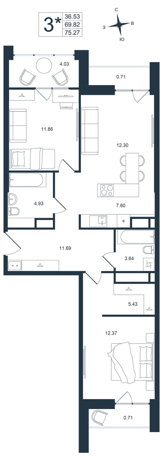 3 комн., 75.3 м²