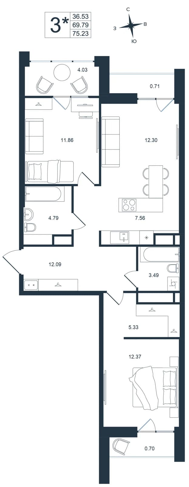 3 комн., 75.2 м²