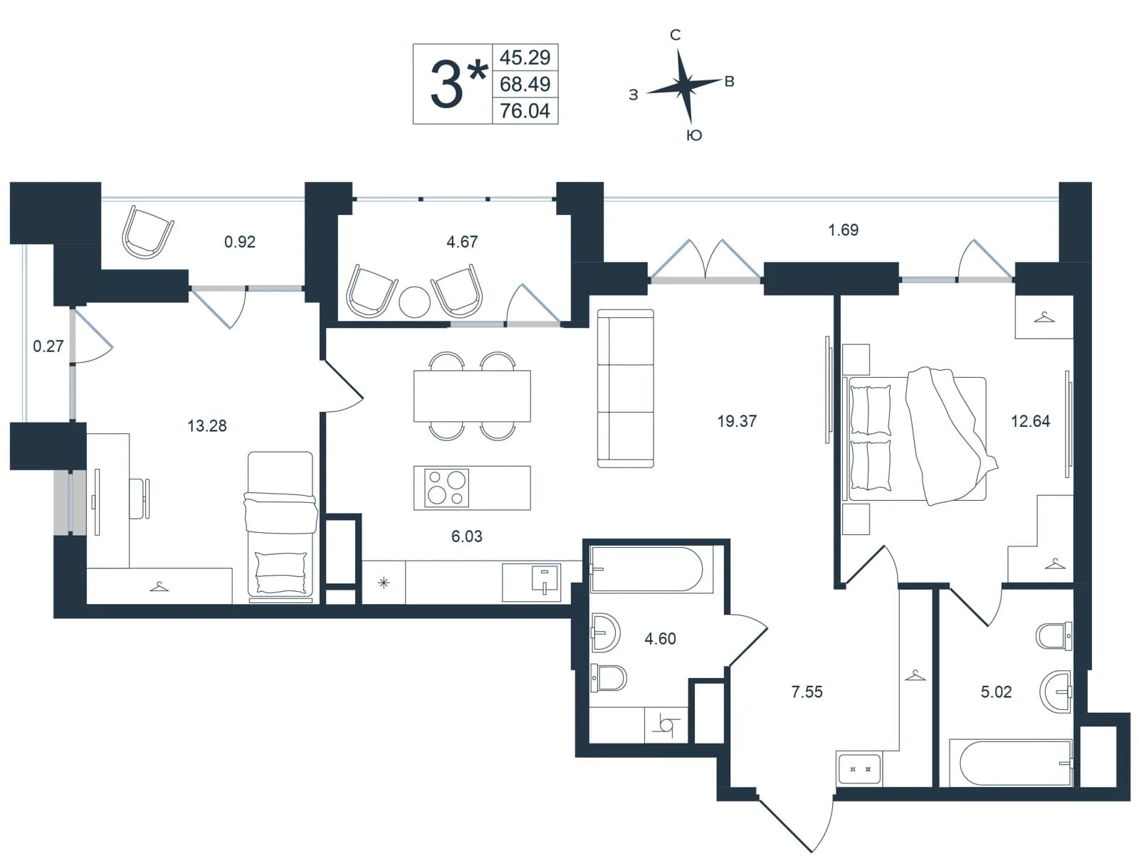 3 комн., 76.0 м²