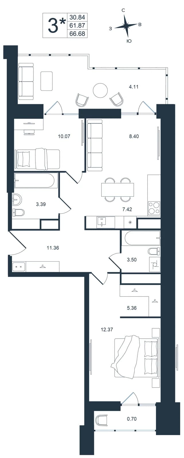 3 комн., 66.7 м²