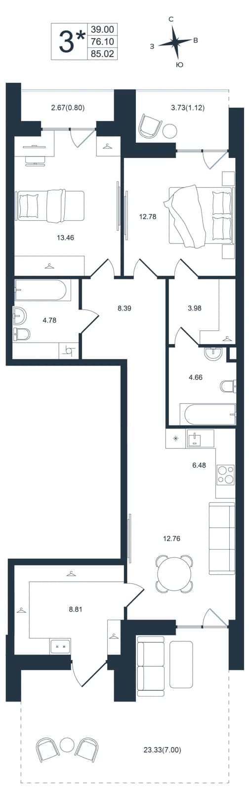 3 комн., 85.0 м²
