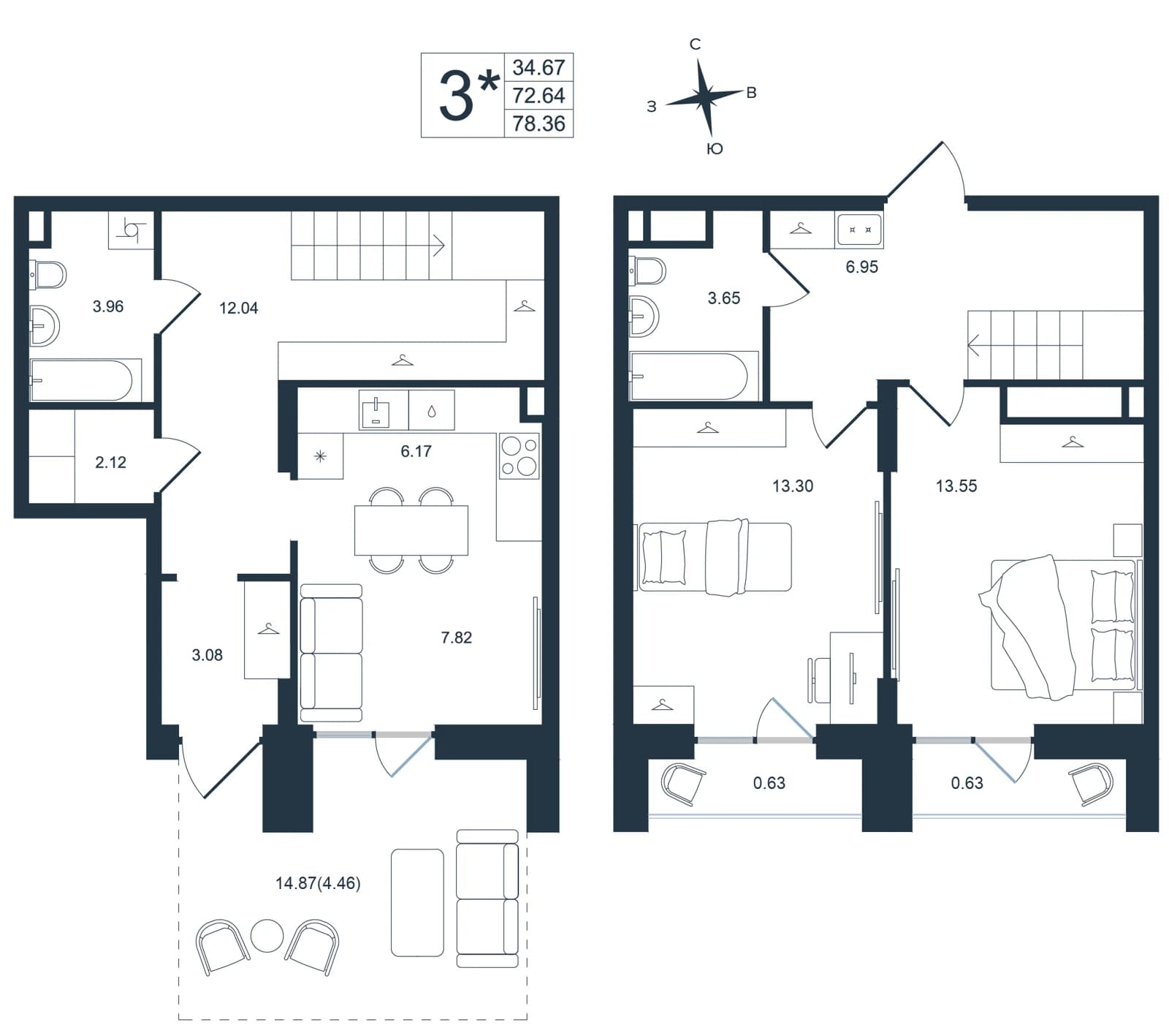 3 комн., 78.4 м²
