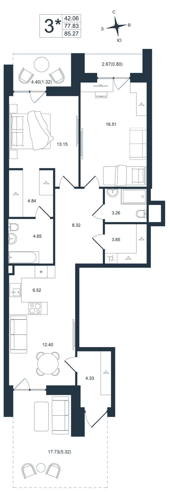 3 комн., 85.3 м²