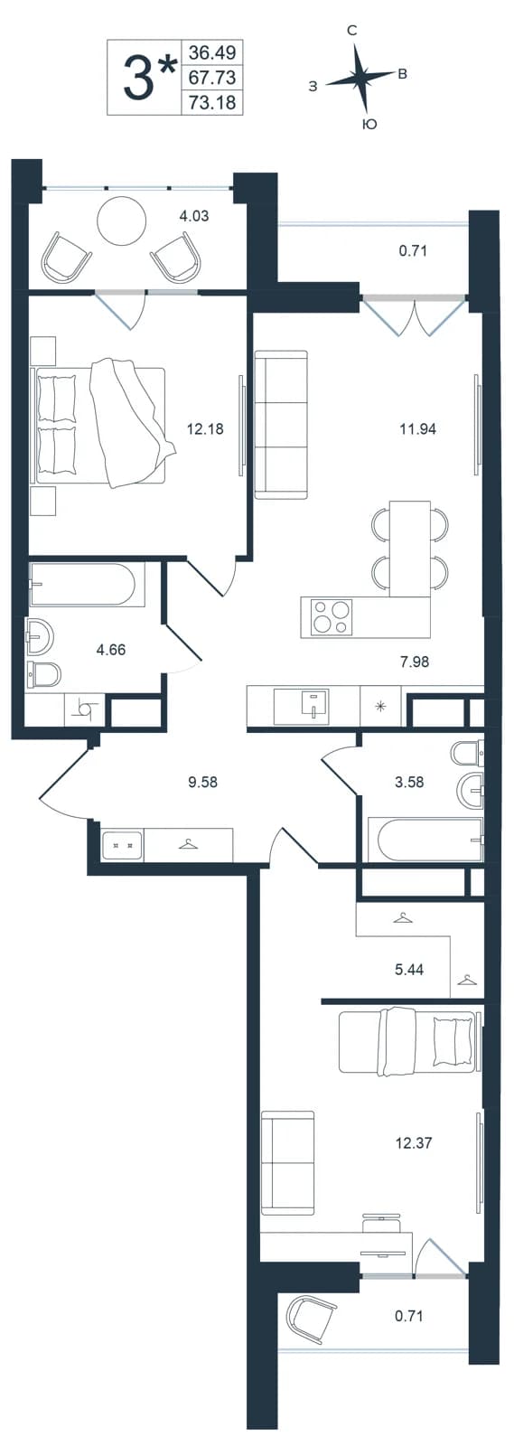 3 комн., 73.2 м²