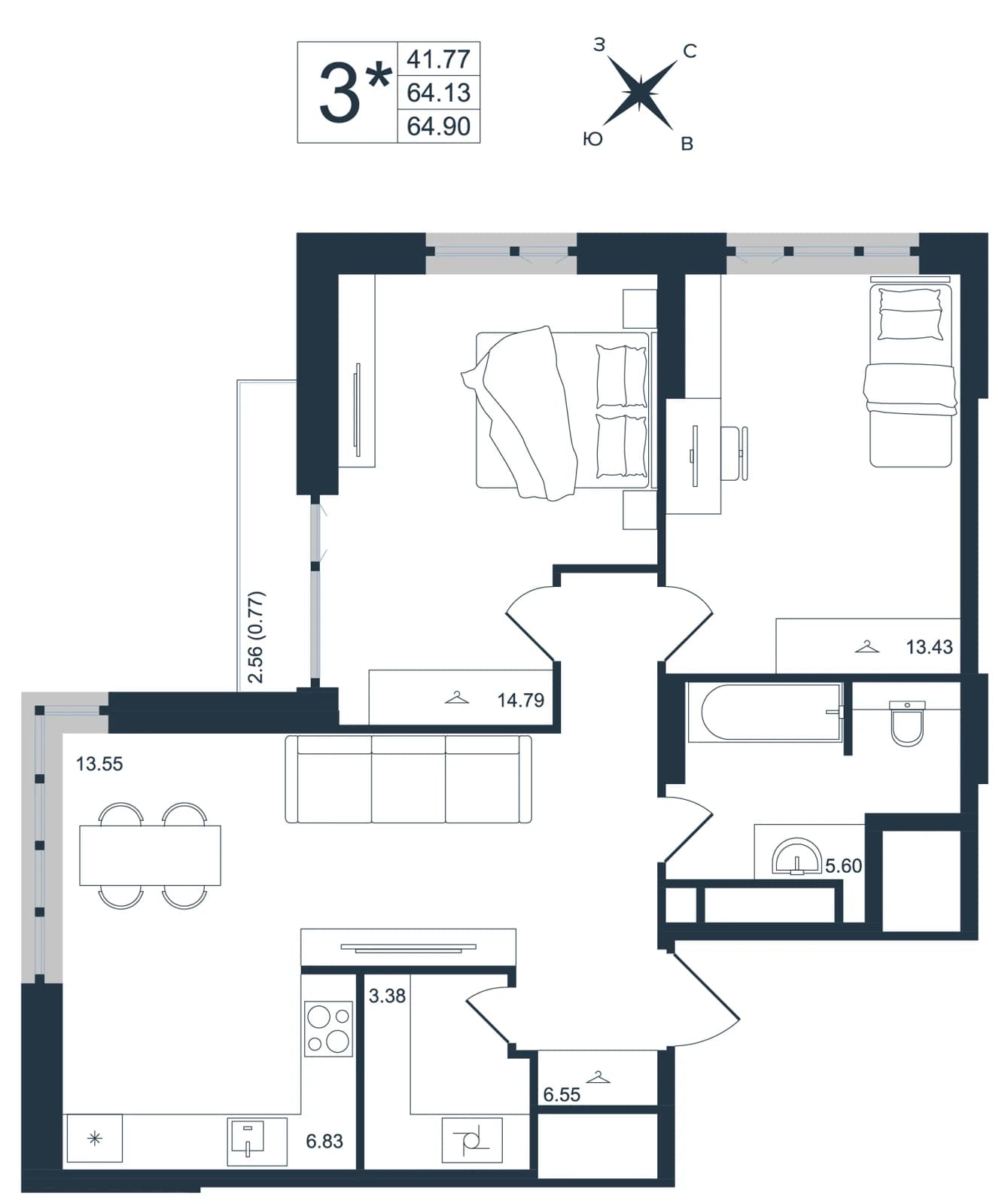 3 комн., 64.9 м²