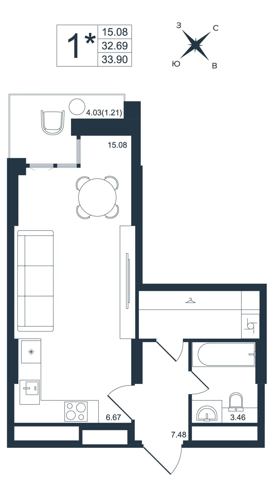 1 комн., 33.9 м²