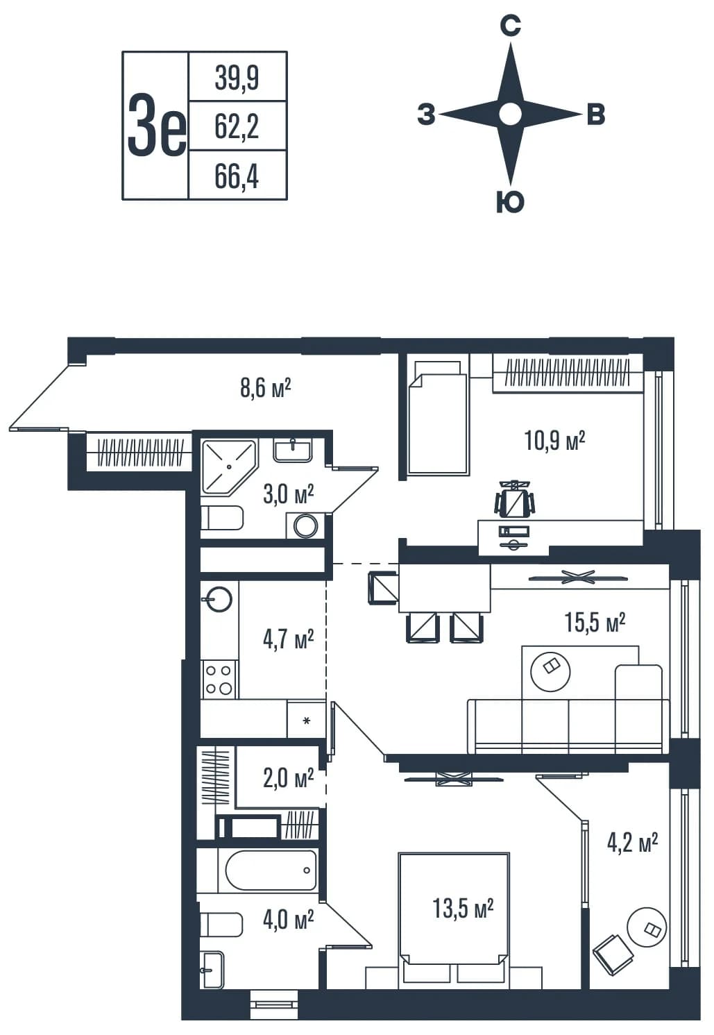 3 комн., 66.4 м²