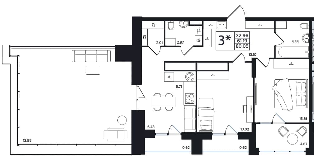 3 комн., 80.0 м²
