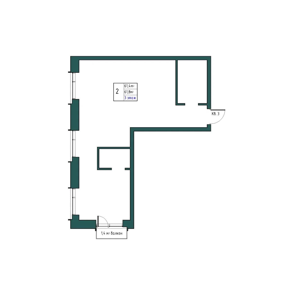 2 комн., 61.8 м²