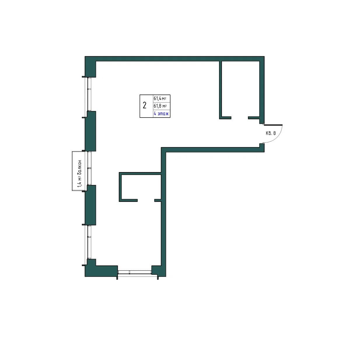 2 комн., 61.8 м²