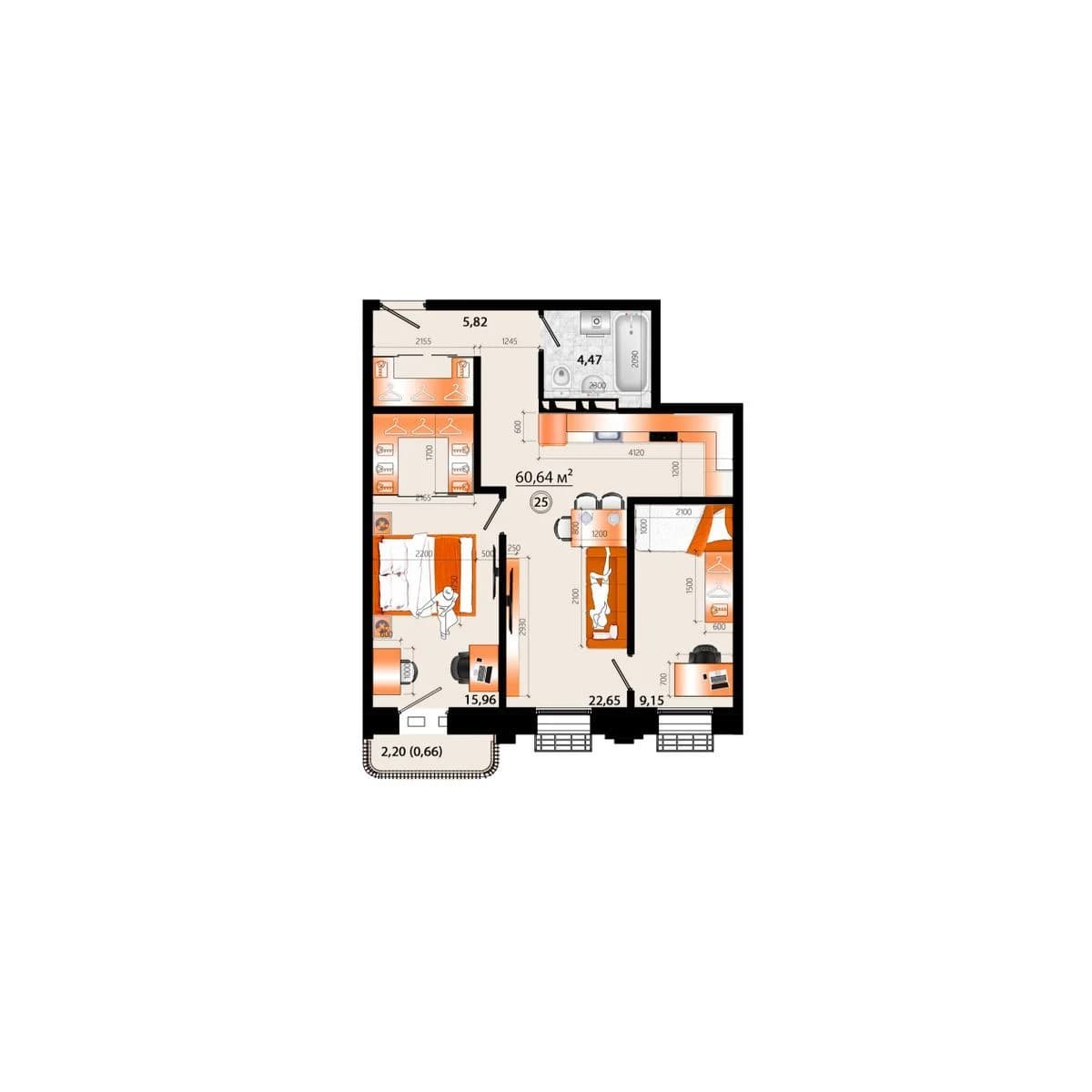 3 комн., 60.6 м²