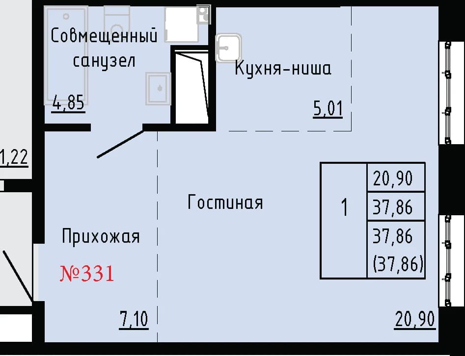 1 комн., 37.9 м²