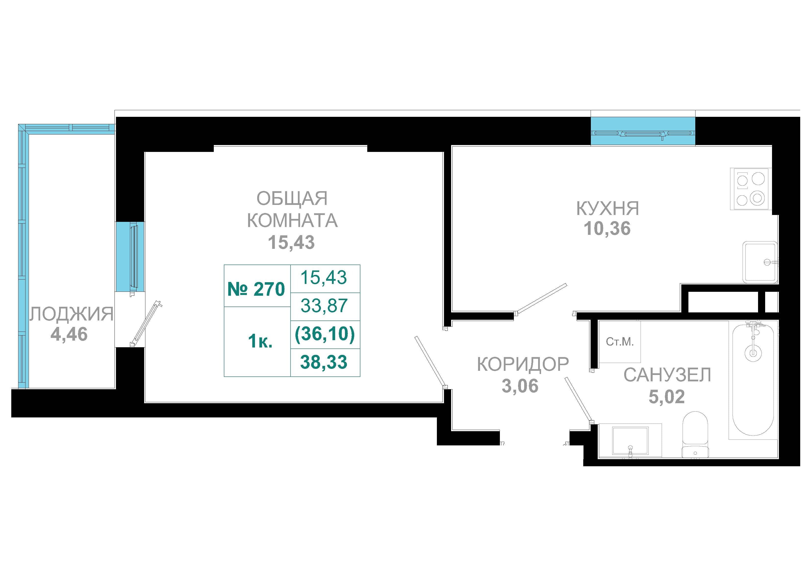 1 комн., 36.1 м²