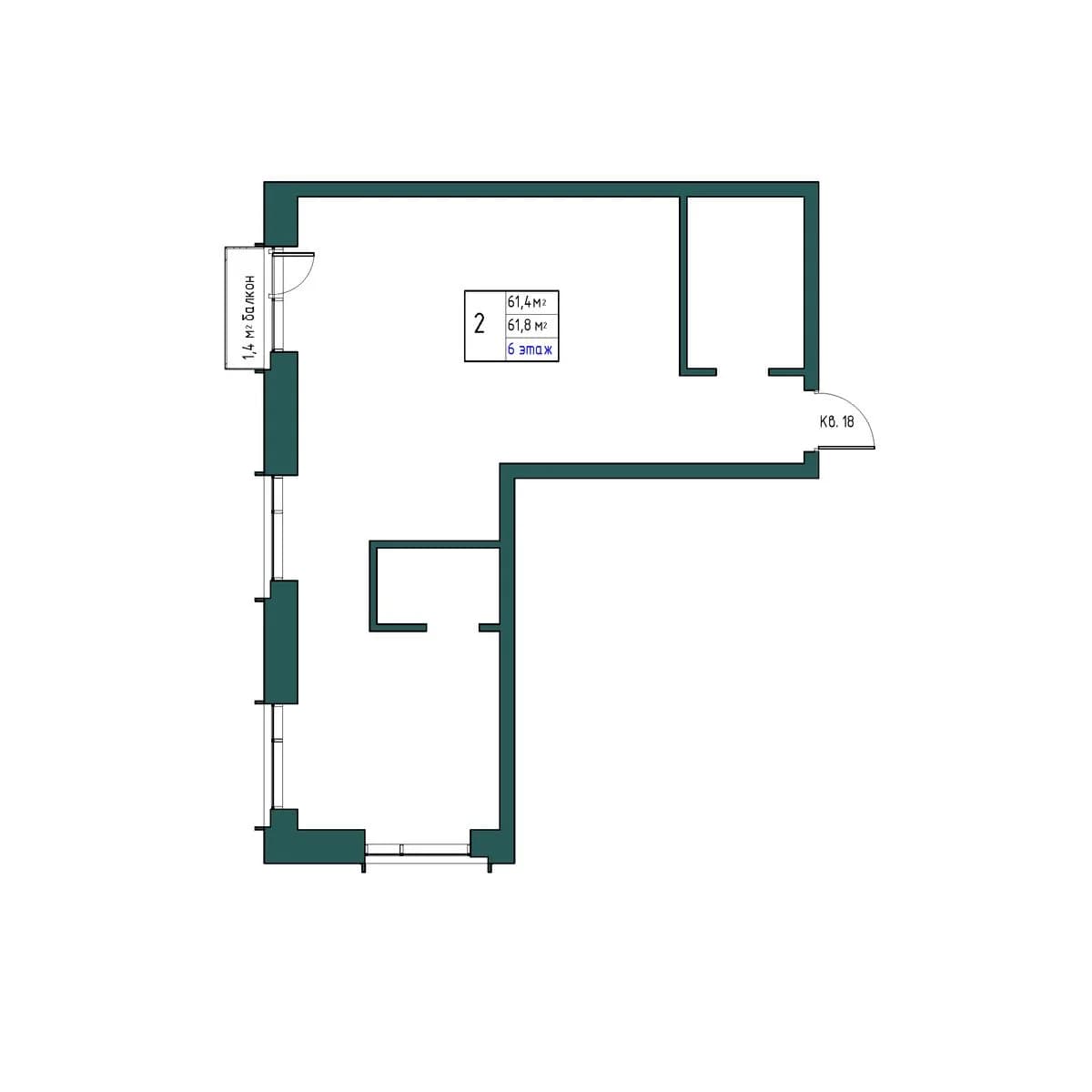 2 комн., 61.8 м²