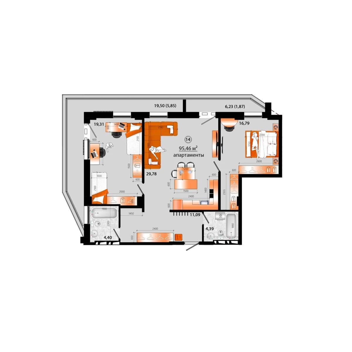 4 комн., 95.5 м²
