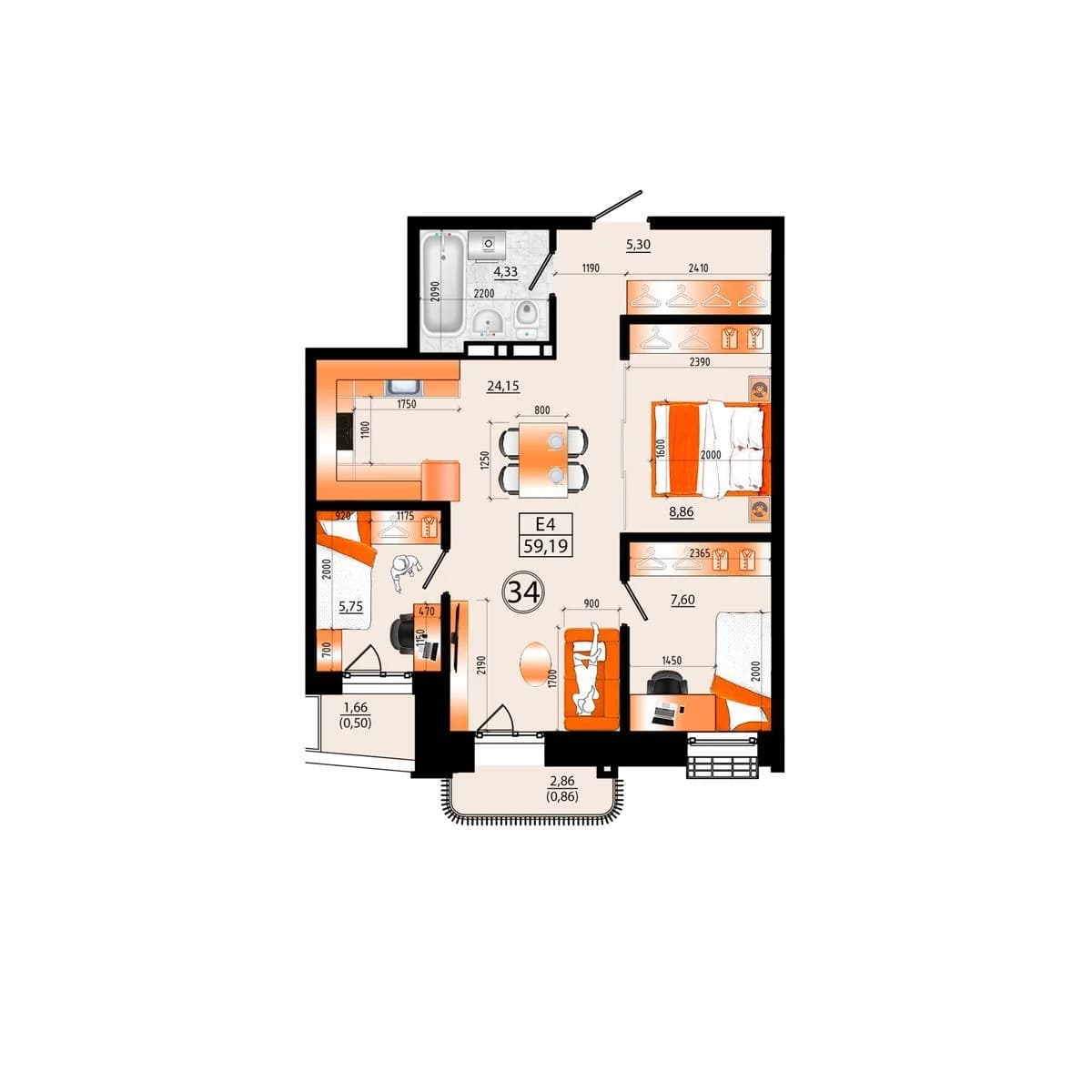 3 комн., 59.2 м²