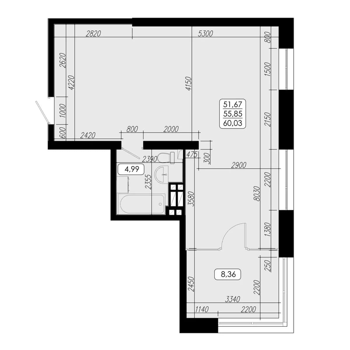 1 комн., 55.9 м²