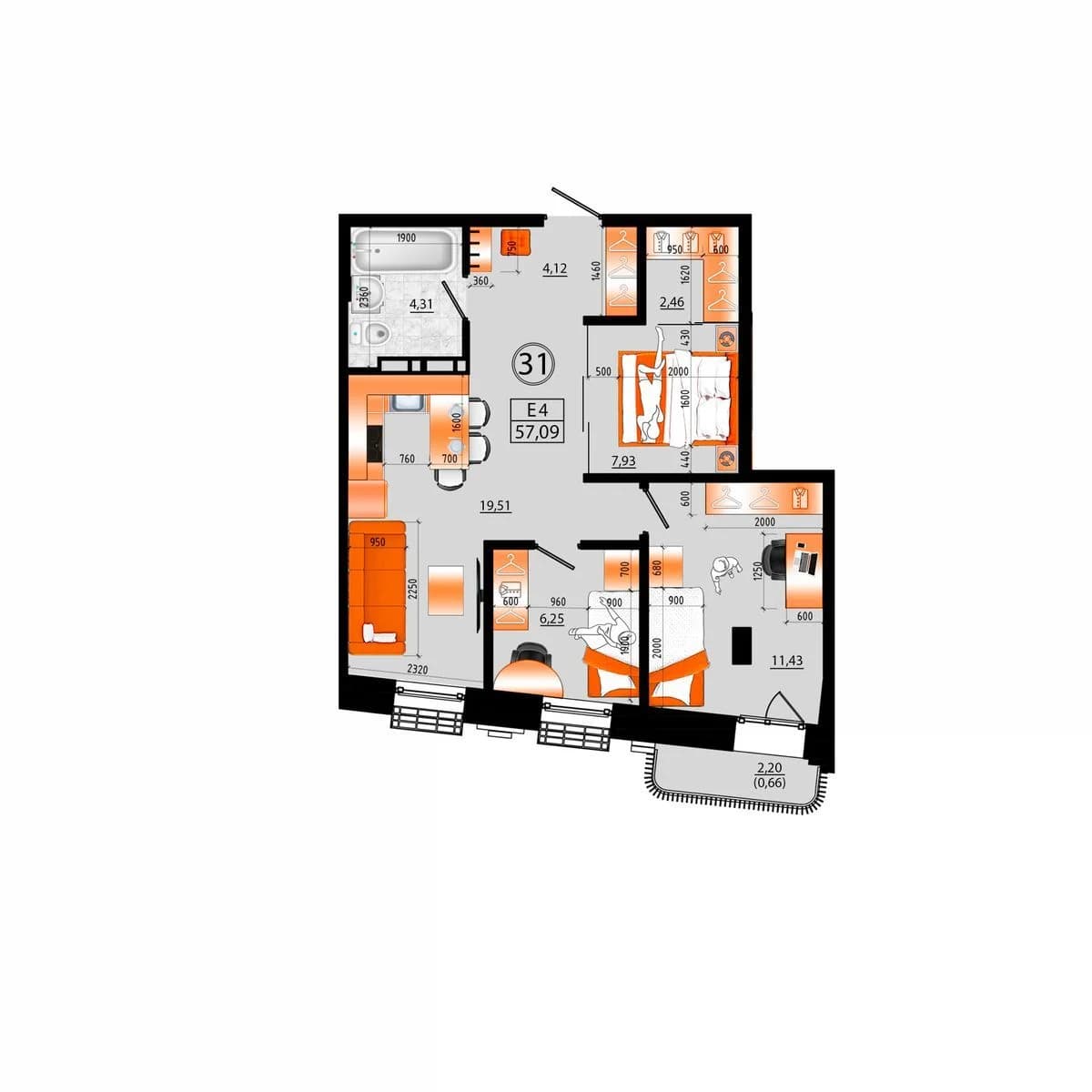 3 комн., 57.1 м²