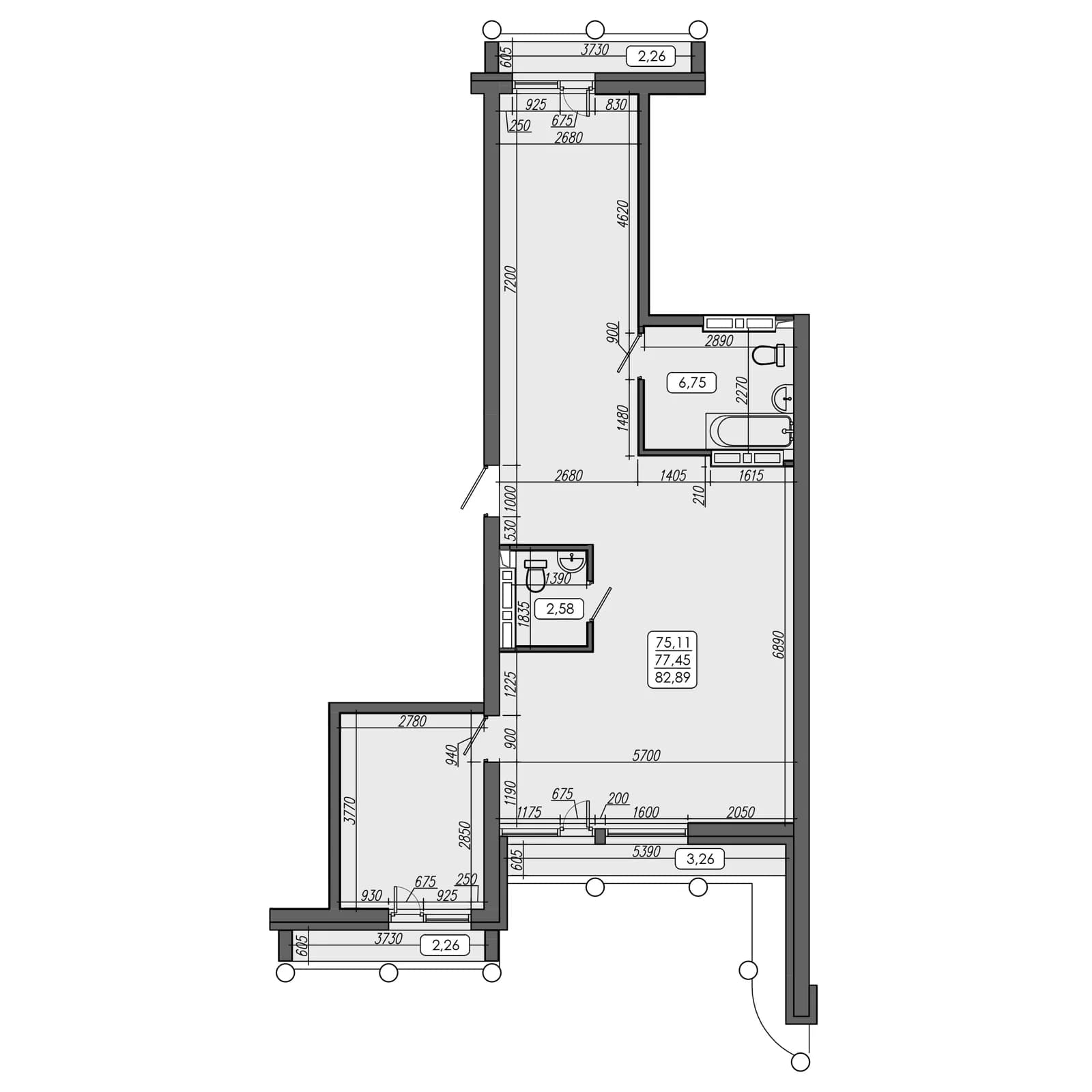 3 комн., 77.5 м²