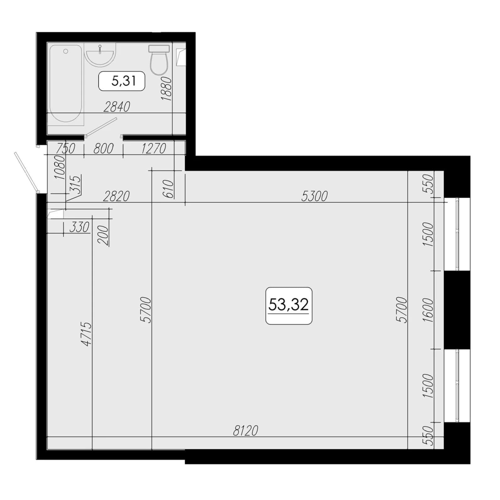 1 комн., 53.3 м²
