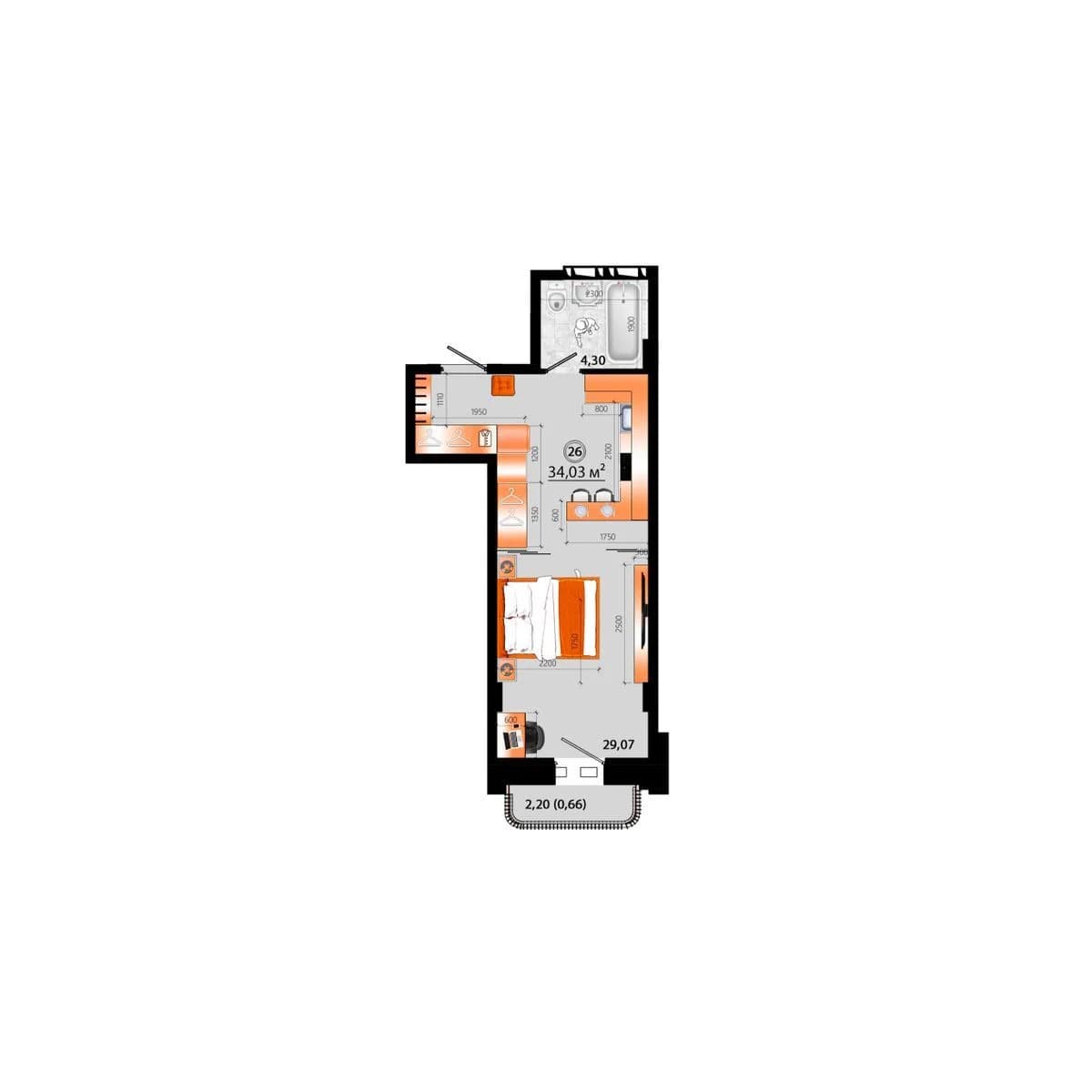 1 комн., 34.0 м²
