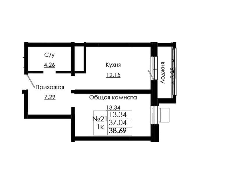 1 комн., 38.69 м²