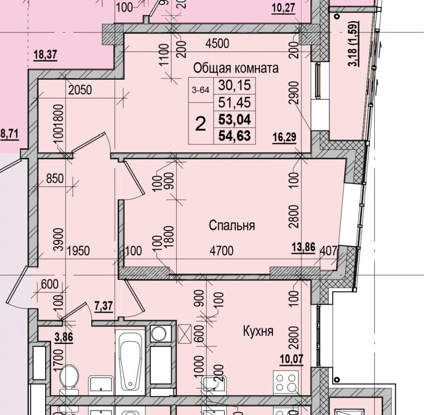 2 комн., 53.04 м²