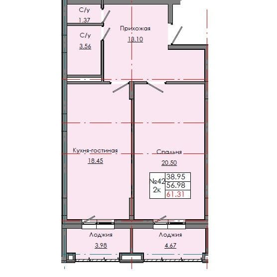 2 комн., 61.31 м²
