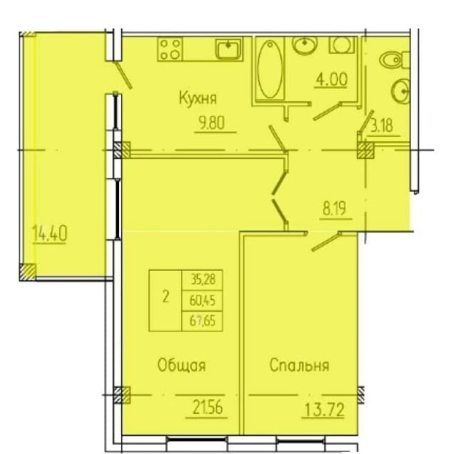 2 комн., Монолитно-каркасный, Апельсин