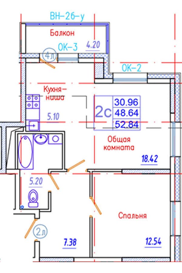 2 комн., 52.8 м²