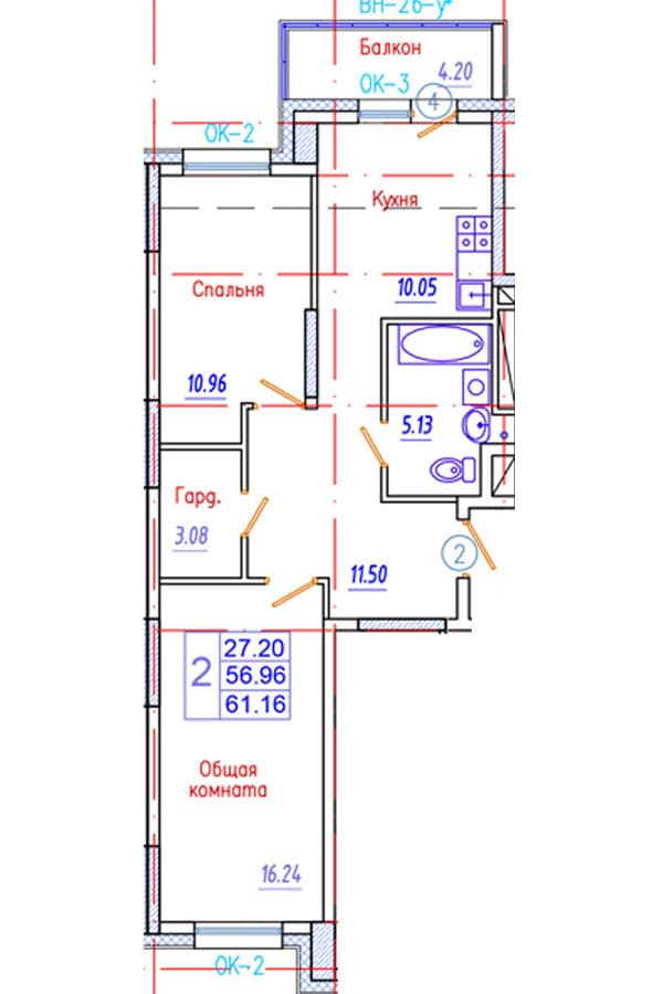 2 комн., 61.2 м²
