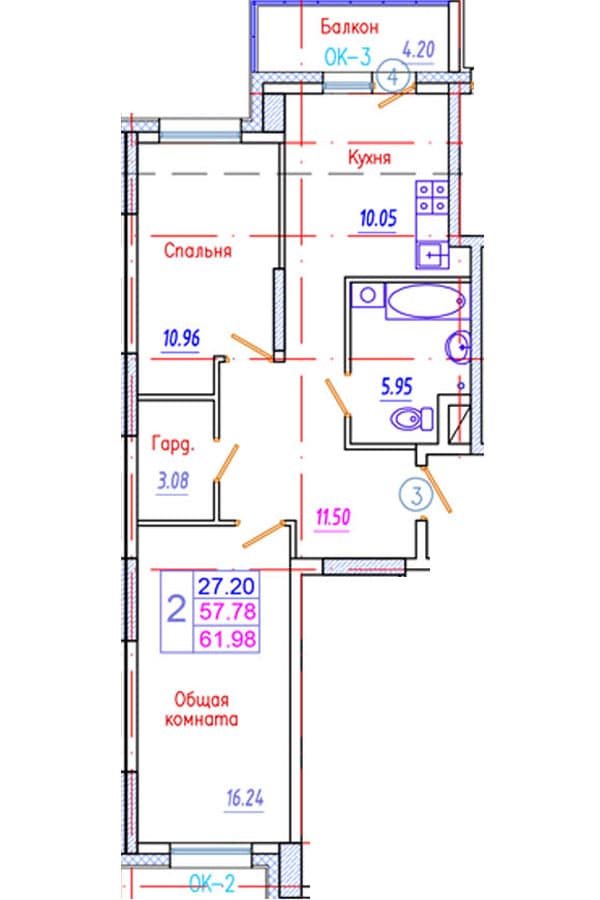 2 комн., 62.0 м²