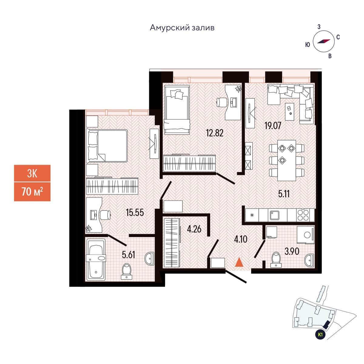 3 комн., 70.4 м²