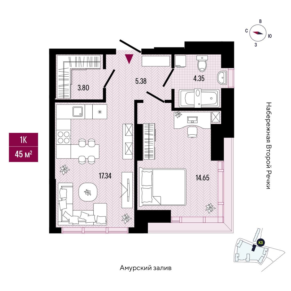 1 комн., 46.9 м²