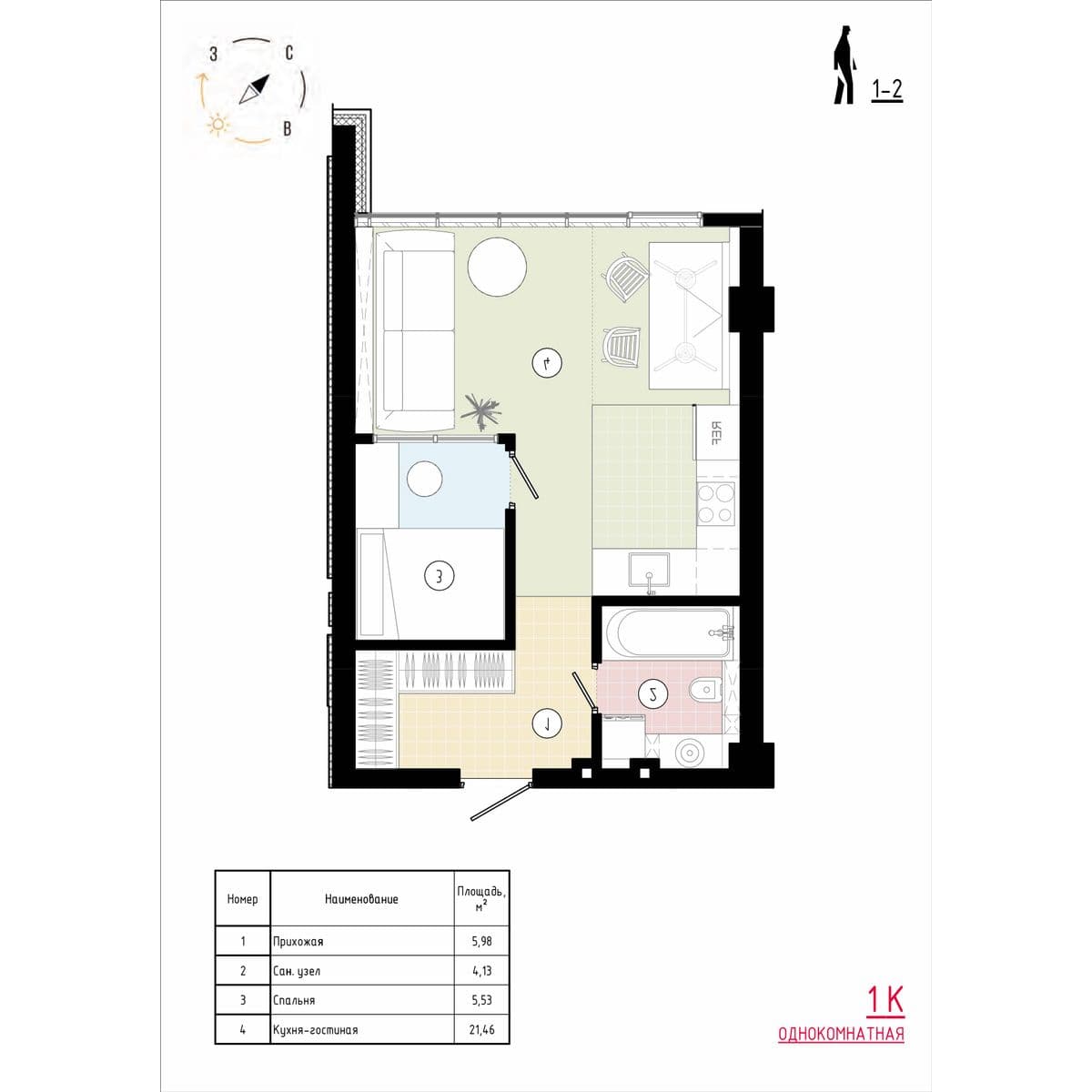 1 комн., 38.1 м²