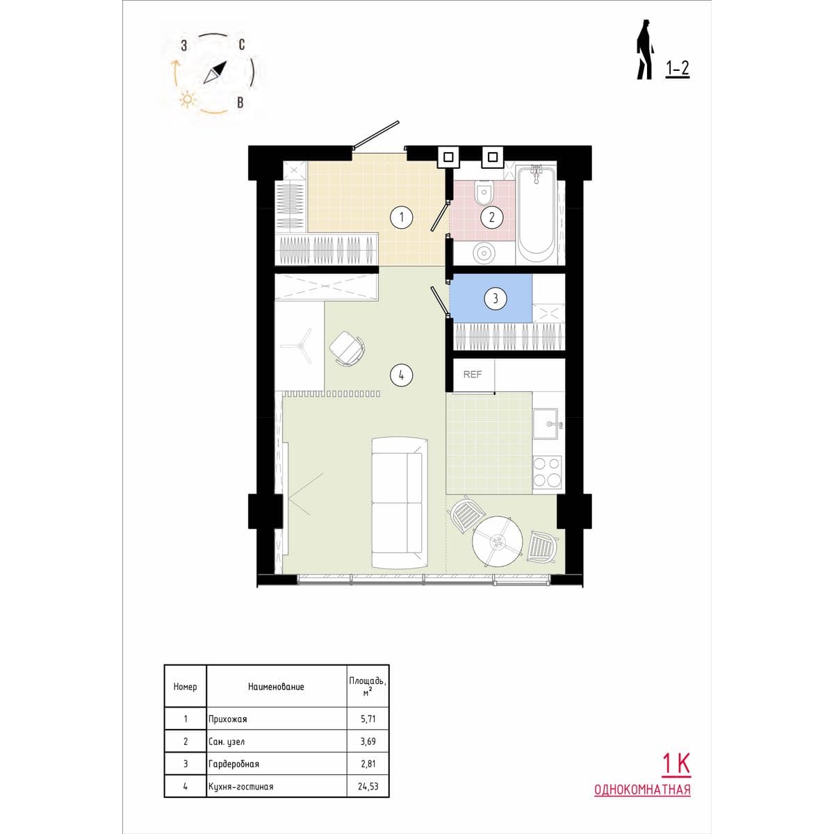 1 комн., 37.4 м²